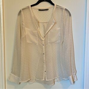 Sheer Cream and shimmery silver all over studs Button-Up Blouse